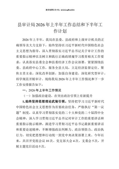 【七哥公文】2026年：县审计局2026年上半年工作总结和下半年工作计划+更多免费公文+VX：QiGeGongWen2024