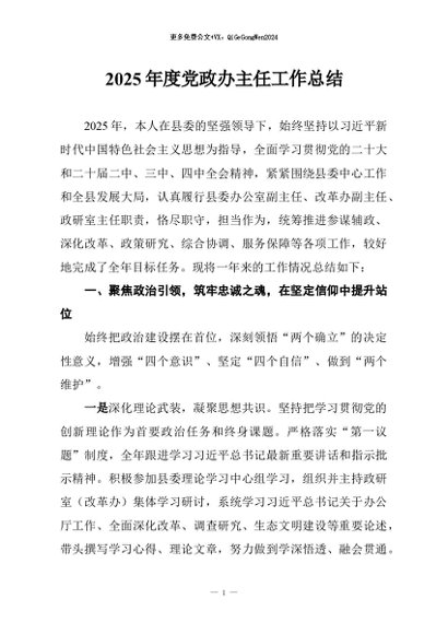 【七哥公文】2026年：2025年度党政办主任工作总结+更多免费公文+VX：QiGeGongWen2024