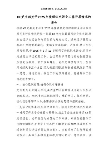 XX党支部关于2025年度组织生活会工作开展情况的报告