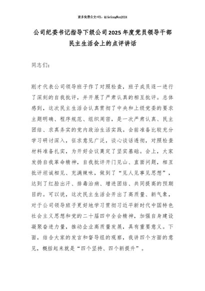 【七哥公文】2026年：公司纪委书记指导下级公司2025年度党员领导干部民主生活会上的点评讲话_副本+更多免费公文+VX：QiGeGongWen2024