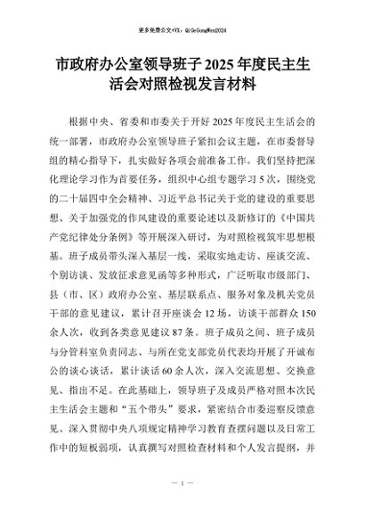 【七哥公文】2026年：市政府办公室领导班子2025年度民主生活会对照检视发言材料+更多免费公文+VX：QiGeGongWen2024