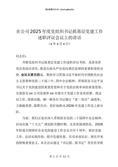 党建原创：20250142 在公司党组织书记抓基层党建工作述职评议会议上的讲话