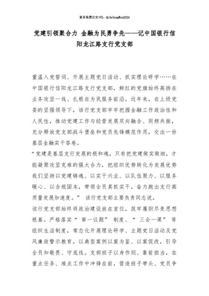 【七哥公文】2026年：党建引领聚合力 金融为民勇争先——记中国银行信阳龙江路支行党支部+更多免费公文+VX：QiGeGongWen2024